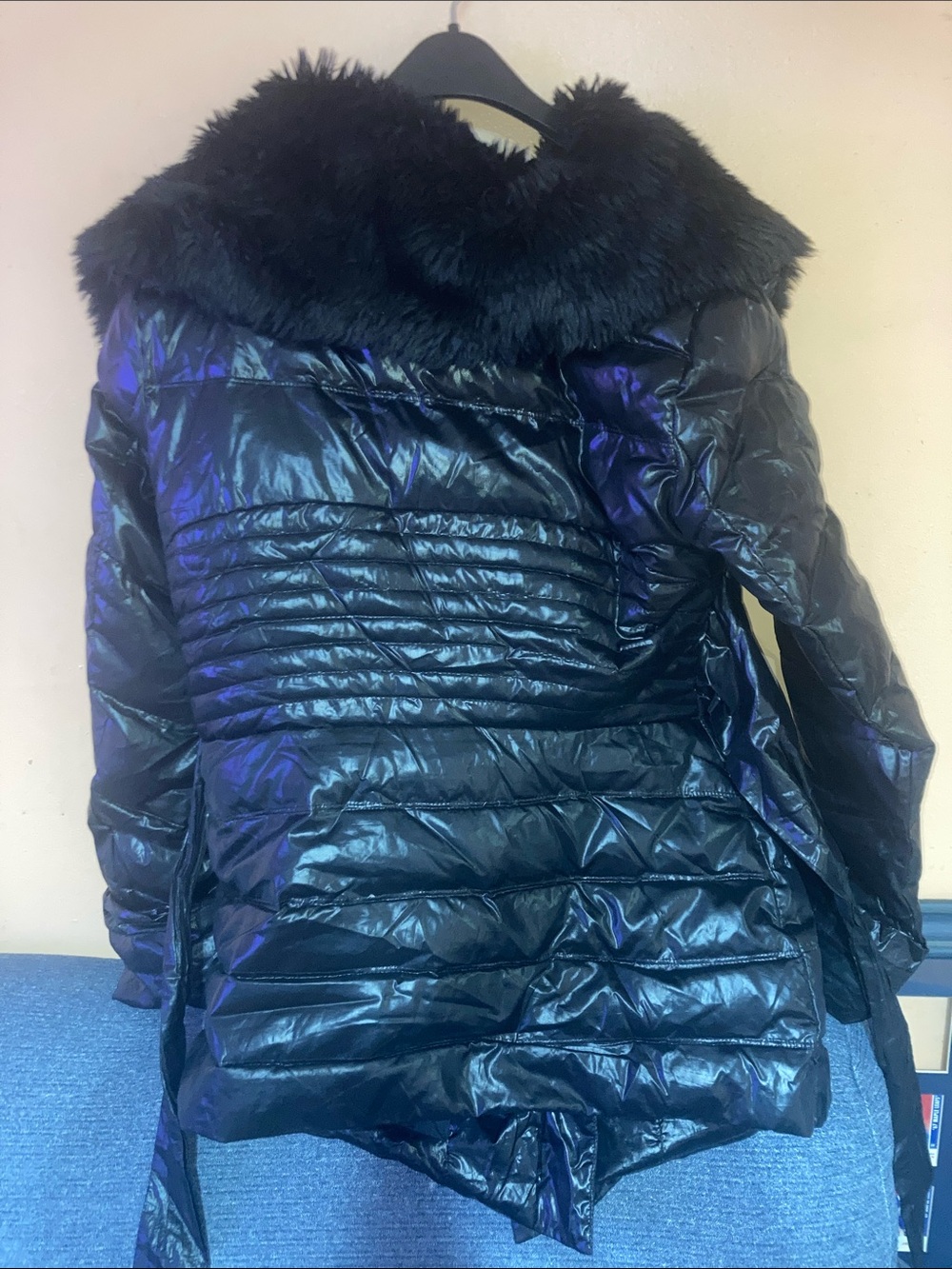 Black Quilted Puffer Jacket with Faux Fur Hood - Picture 3 of 5